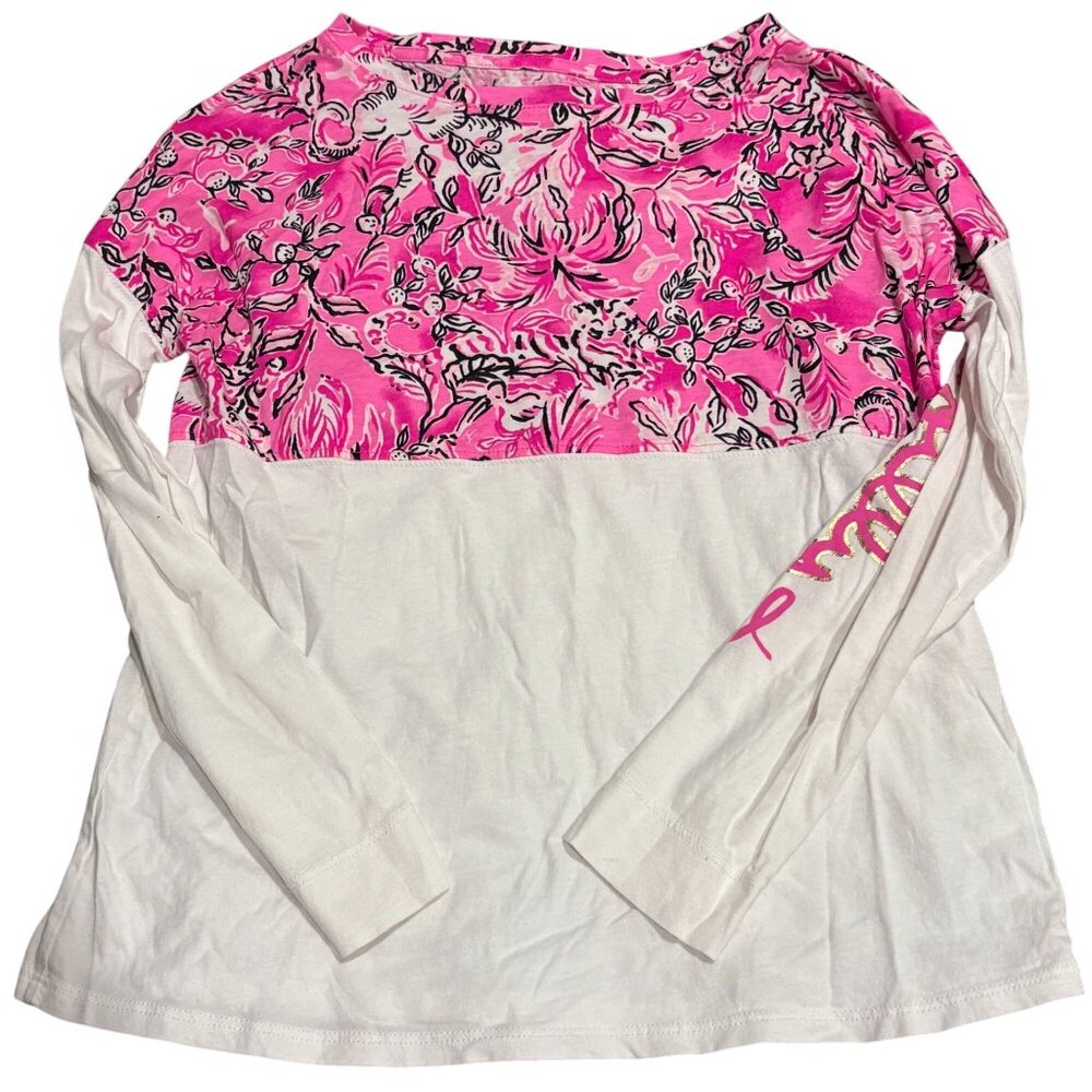Lilly Pulitzer Girls Finn Long Sleeve Printed Top Pink & White Cotton Size L 8/1